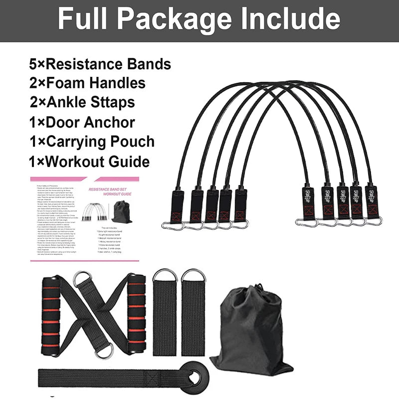MXFitGear premium resistance band set with 5 levels, includes handles, door anchor, ankle straps, durable bands for home and gym workouts
